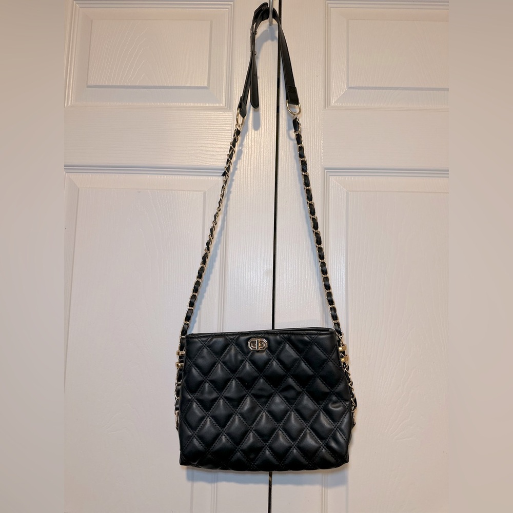 Faux black quilted crossbody purse with chain strap and metal accents